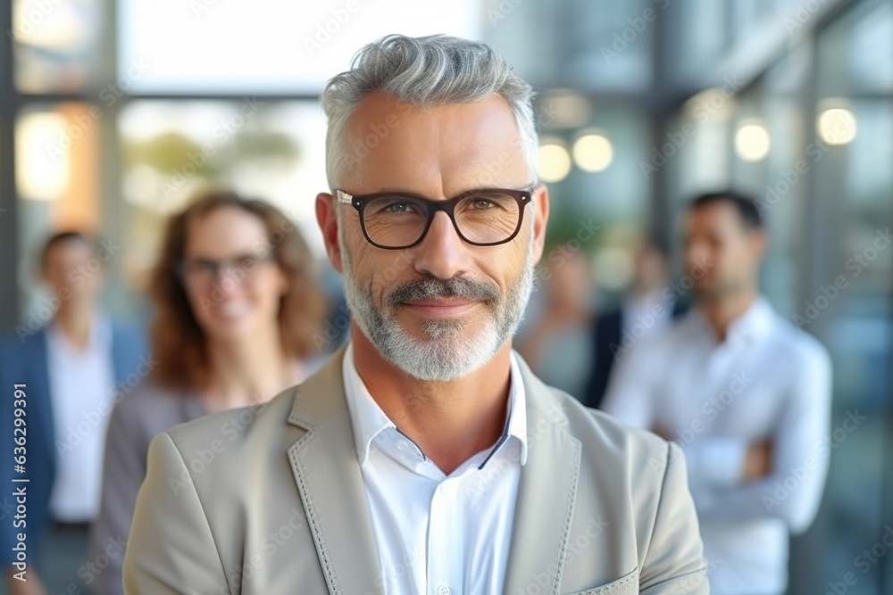 Portrait of handsome mature businessman wearing elegant formalwear and eyeglasses looking at the camera in office building with his colleagues in the background. Portrait of handsome mature businessman wearing elegant formalwear and eyeglasses looking at the camera in office building with his colleagues in the background.