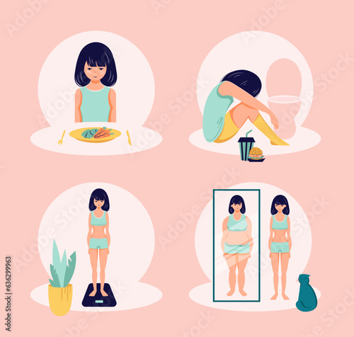 Eating disorder concept anorexia bulimia problem flat person illustration