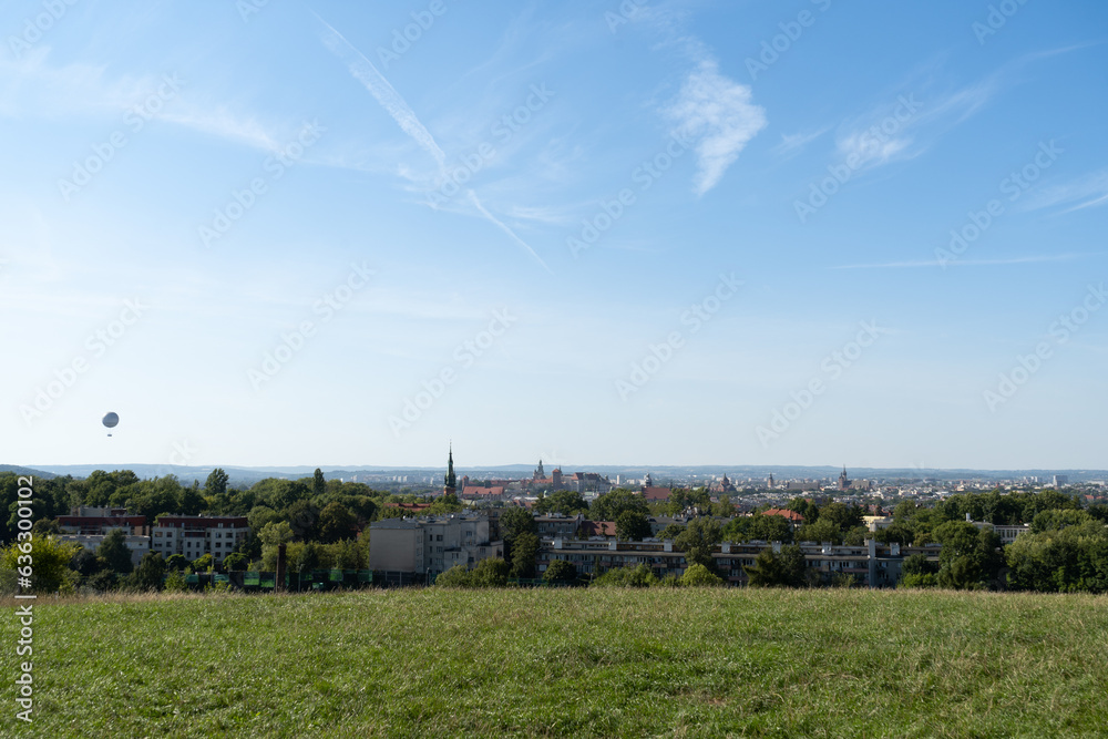 Krakow panorama from Krakus Mound, Kopiec Kraka, Krakusa or Krak Mound in Kraków, Poland. Scenic landscape view of historic Cracow city. - obrazy, fototapety, plakaty 