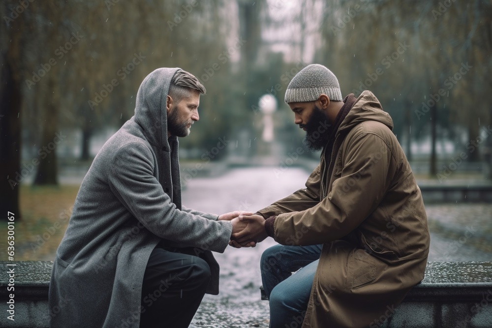 Side view of two men holding hands while sitting on rain outdoors. Homeless, empathy, support and compassion concept. - obrazy, fototapety, plakaty 