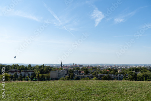 Krakow panorama from Krakus Mound, Kopiec Kraka, Krakusa or Krak Mound in Kraków, Poland. Scenic landscape view of historic Cracow city.