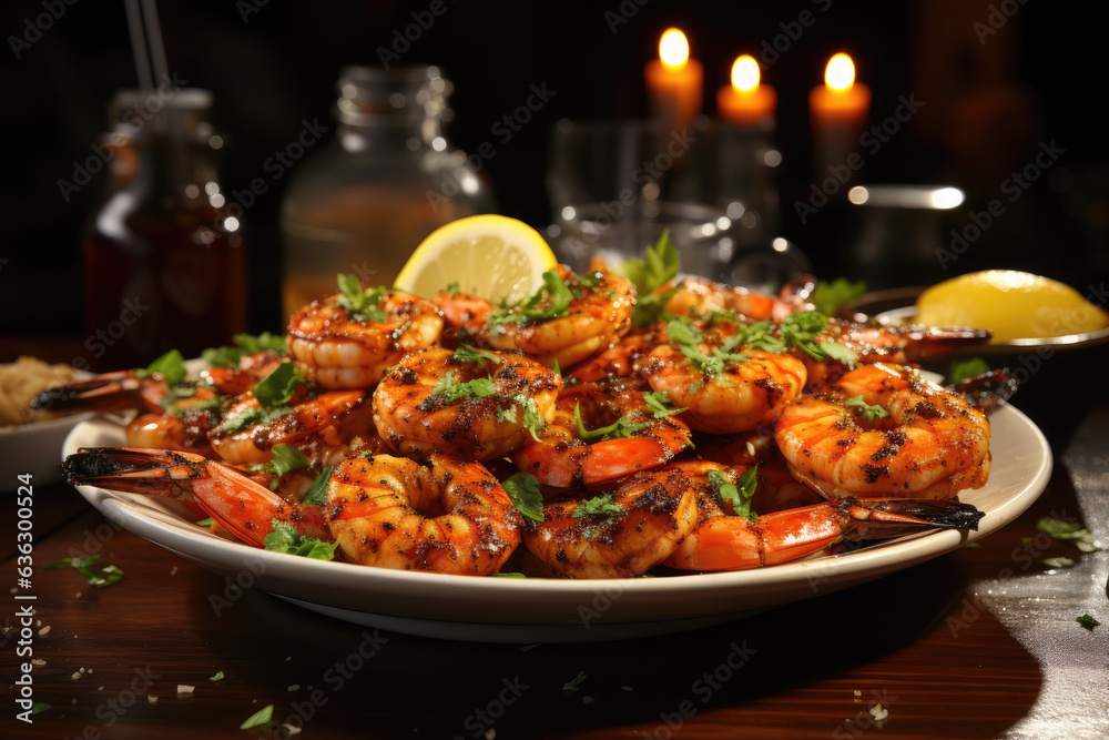 platter of juicy grilled shrimp skewers, lightly seasoned with garlic and herbs, ai generated.