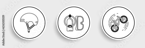 Set line Bicycle trick, Helmet and Diving mask and aqualung icon. Vector