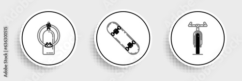 Set line Bicycle, Aqualung and Skateboard trick icon. Vector