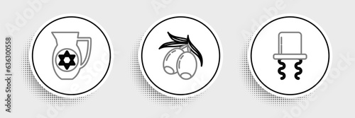 Set line Orthodox jewish hat with sidelocks, Decanter star of david and Olives branch icon. Vector