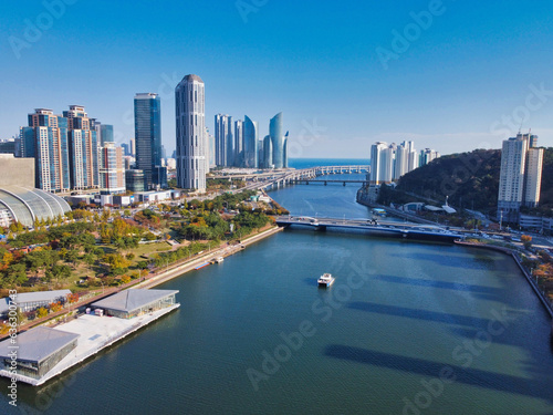 Aerial View of Haeundae River Cruise, Busan, South korea, Asia © Busan Drone