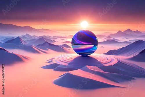 Iridescent crystal spheres with ring 3d render. Glass futuristic planet, abst...