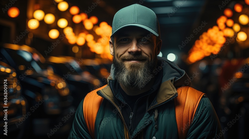 Truck driver posing in front of lined up trucks