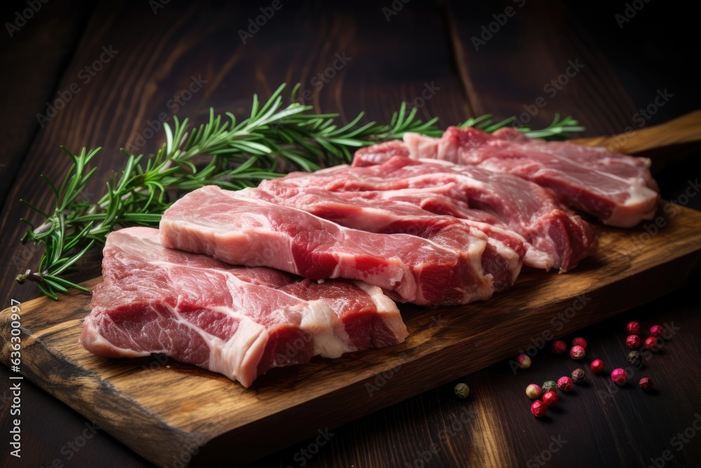 Raw sliced pork meat on chopping board.