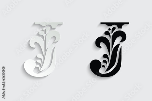 letter J. Black flower alphabet. Beautiful capital letters with shadow	
