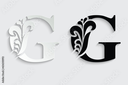 letter G. Black flower alphabet. Beautiful capital letters with shadow	
