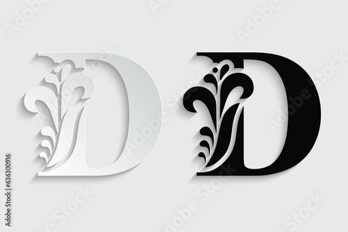 letter D. Black flower alphabet. Beautiful capital letters with shadow	
