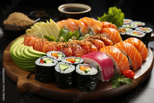 A colorful array of sushi rolls, meticulously arranged on a bamboo platter, ai generated.