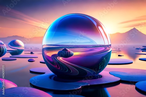 3d render of a ball, Iridescent crystal spheres with ring 3d render. Glass fu...