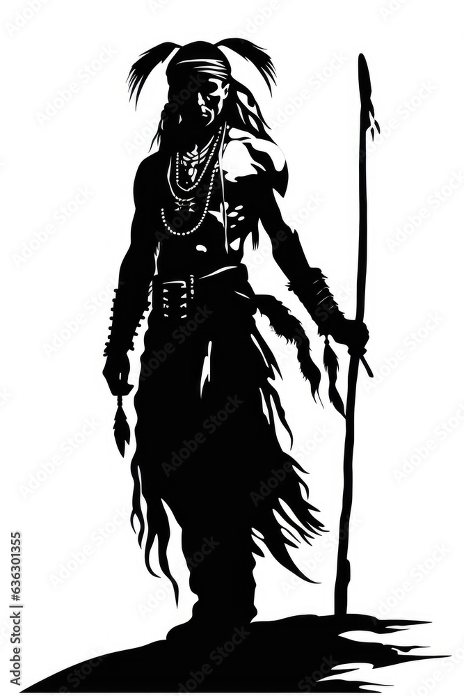 A black and white drawing of a man with a spear. Digital image.