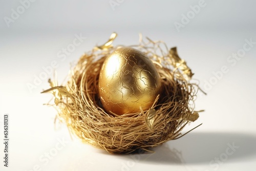 Gorgeous gleaming egg nestled in a bird's nest on a white backdrop. The egg emits a golden radiance. Generative AI