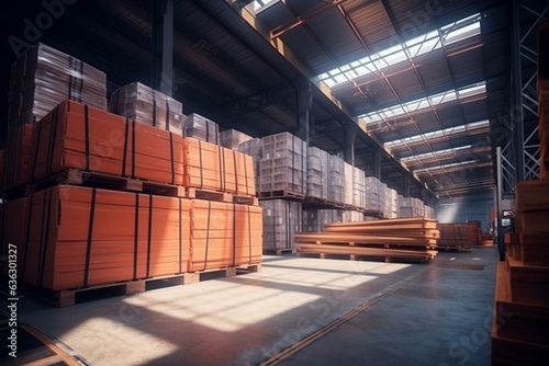 Industrial storage facility for building materials. Logistics. Transport. Generative AI © Meliora