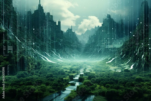 Digitized future landscape teeming with data and flowing binary code. Generative AI