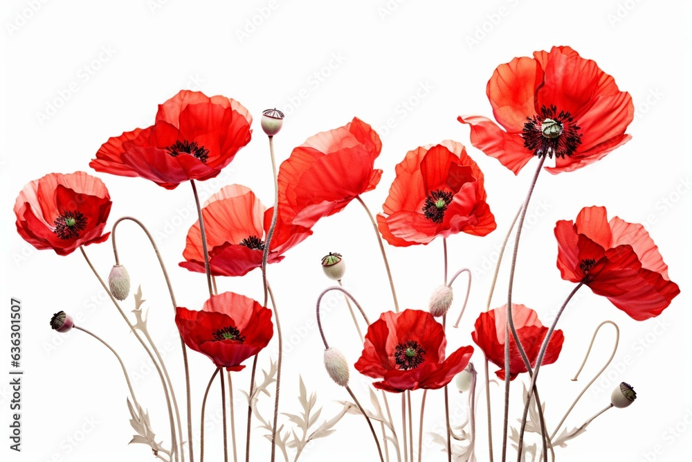 Fototapeta premium Artistic detail of red poppy flowers on a white background. Generative AI