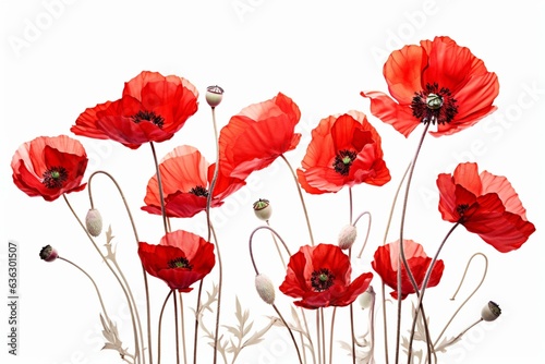 Artistic detail of red poppy flowers on a white background. Generative AI