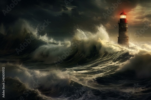 Powerful beacon amidst raging sea and ominous storm. Generative AI