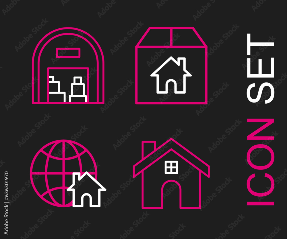 Set line House, Globe with house symbol, Cardboard box and Warehouse icon. Vector Set line House, Globe with house symbol, Cardboard box and Warehouse icon. Vector