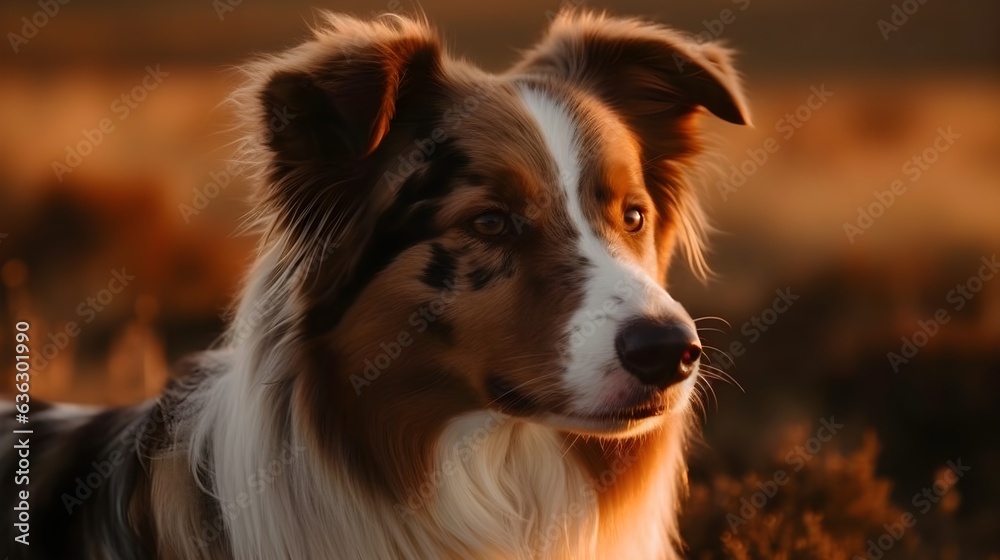 Beautiful Brown white and black color Australian Shepherd dog looking at something with nature background. Generative AI.
