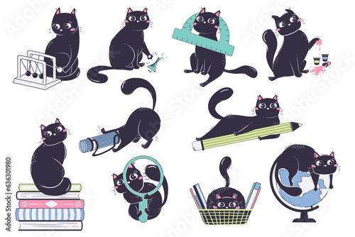 Collection of cats with school items in flat style. The concept of animals returning to school.