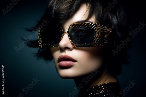 Portrait of a stunningly beautiful woman in sunglasses, fashion photography style, 30 years old, brunette, professional lighting and composition, dark background. © Sparkplug