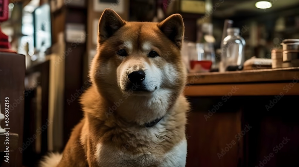 Cute brown orange white Shiba Inu dog sit and looking at the camera at home background. Generative AI. Cute brown orange white Shiba Inu dog sit and looking at the camera at home background. Generative AI.