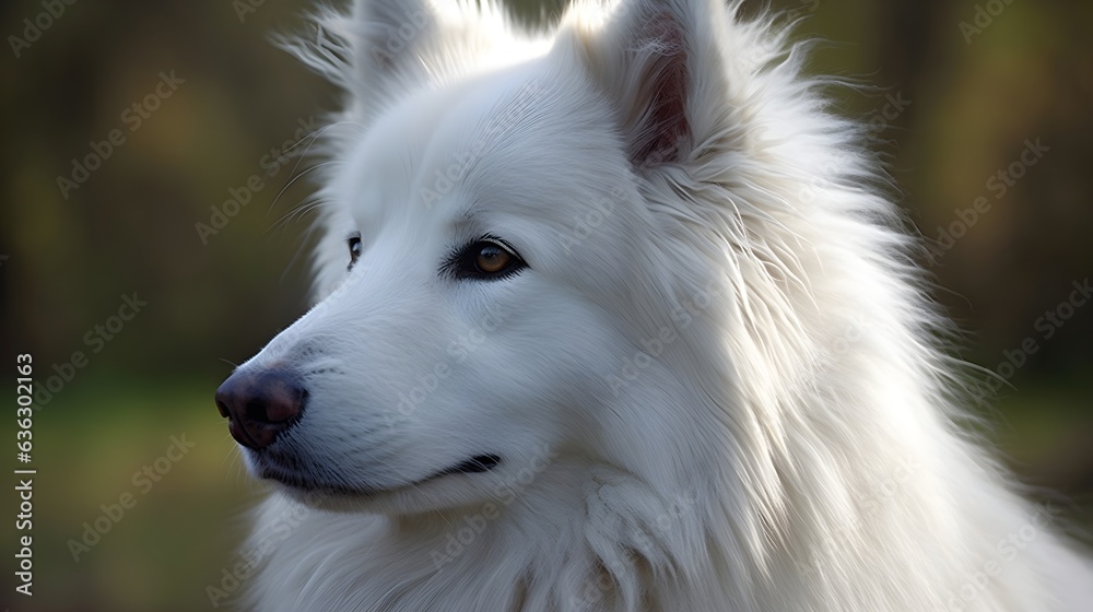 Close up of white Siberian Husky dog looking at something, nature background. Generative AI.