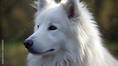 Close up of white Siberian Husky dog looking at something, nature background. Generative AI. © Riocool