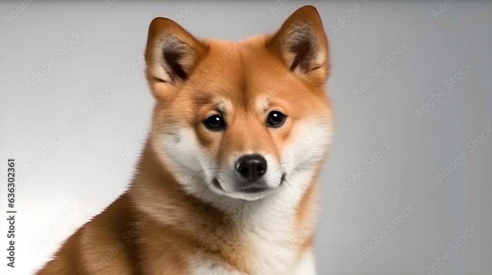 Portrait of cute brown orange white Shiba Inu dog puppies pose and look at the camera, studio shot, isolated on gray background. Generative AI.