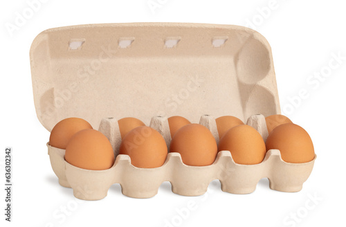 Pack of ten brown eggs isolated on white background
