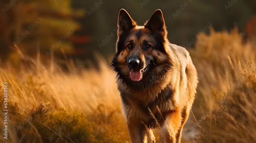 Brown black Old German Shepherd Dog walking, stare and look at something, dog tongue out and wet face, playing in the nature, autumn season. Generative AI. Brown black Old German Shepherd Dog walking, stare and look at something, dog tongue out and wet face, playing in the nature, autumn season. Generative AI.