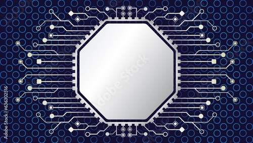 Octagonal chip processor with electrical circuit branch with the circle ring texture background. Animation video template suitable for business, technology, presentation etc