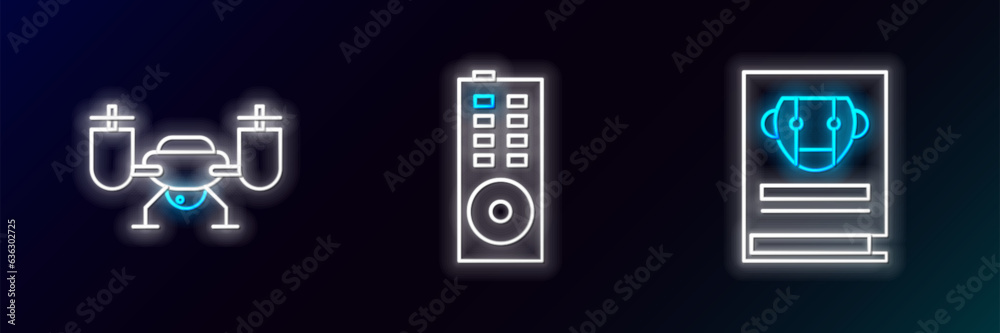 Set line User manual, Drone flying with action camera and Remote control icon. Glowing neon. Vector Set line User manual, Drone flying with action camera and Remote control icon. Glowing neon. Vector