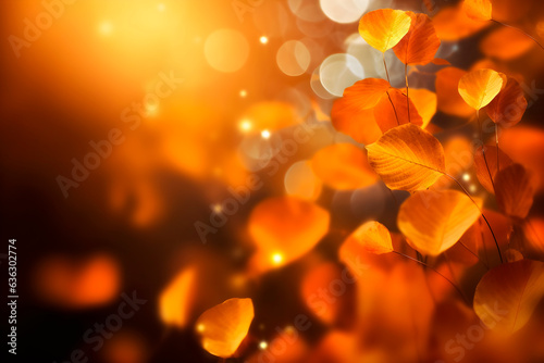 Abstract autumn background with orange leaves, copy space, bokeh. Generative AI.