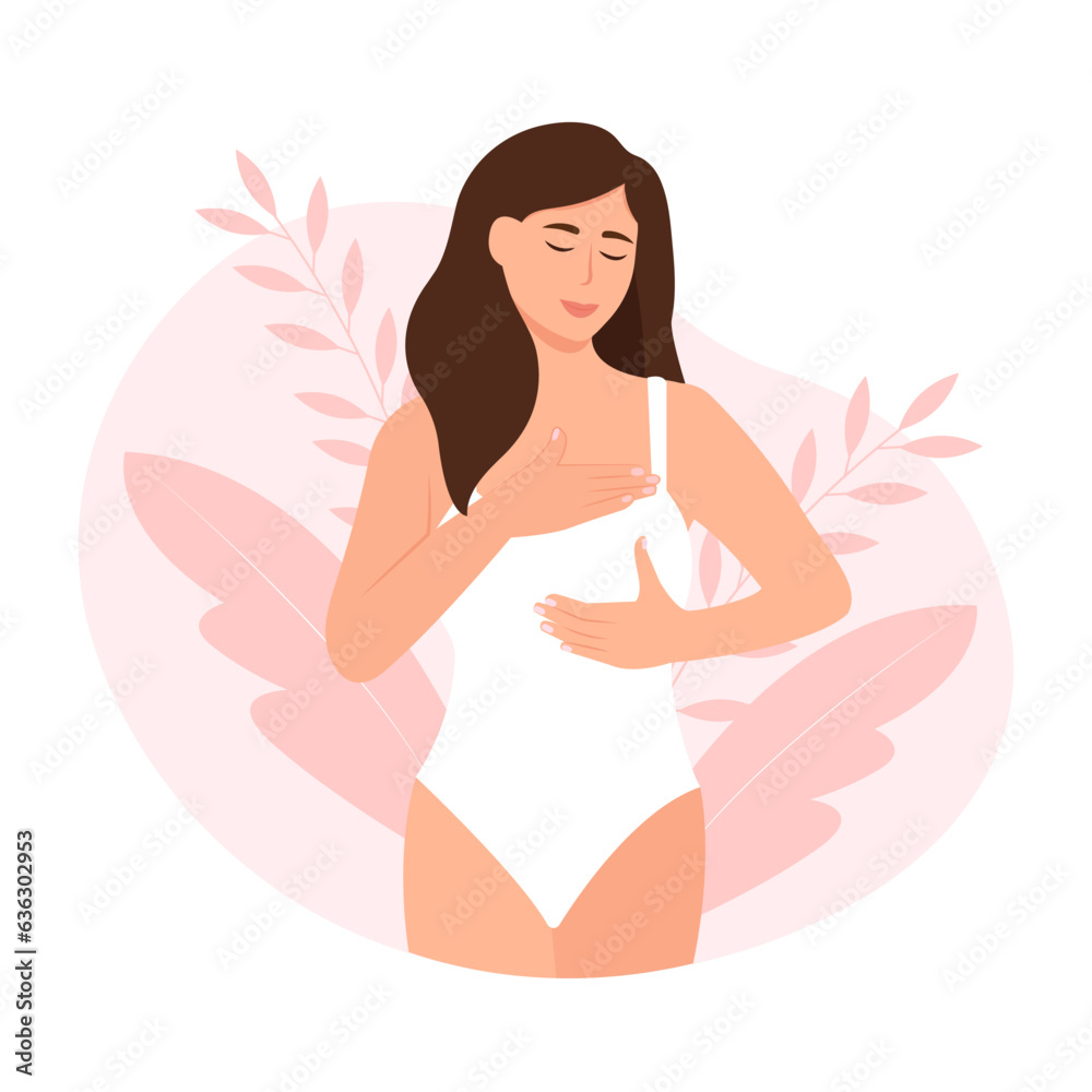 Woman checking her breast to prevent and support the cause of breast cancer. Breast self exam concept vector illustration Woman checking her breast to prevent and support the cause of breast cancer. Breast self exam concept vector illustration