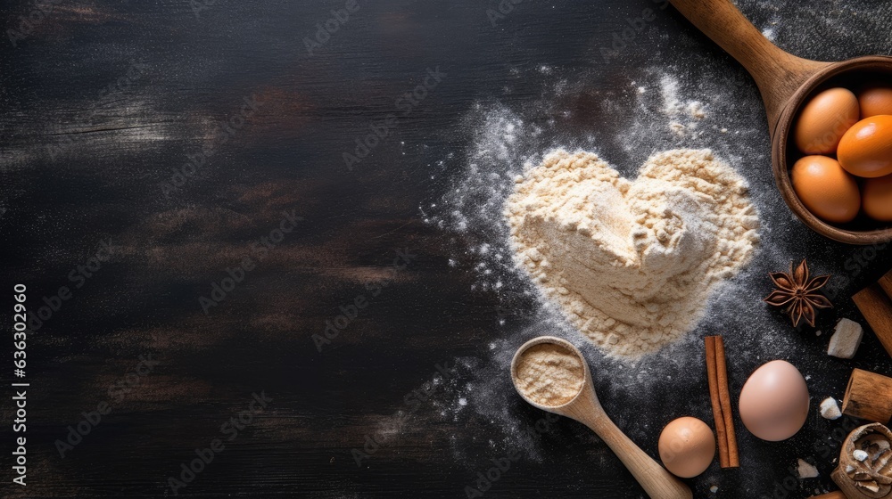 A culinary background with flour, a rolling pin, eggs, and a heart shaped cookie cutter is shown on a dark kitchen tabletop perspective. Flat lay design
