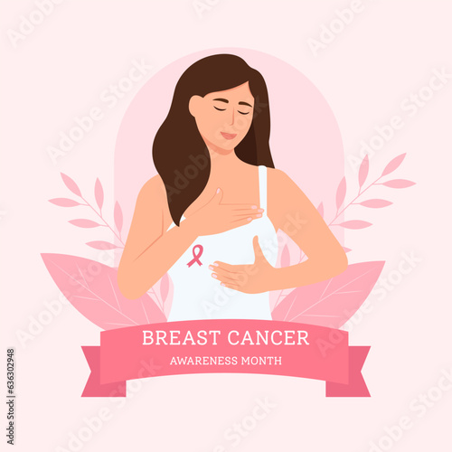 Breast Cancer awareness.  Woman with pink ribbon. Pink october month female healthcare campaign solidarity web template design. Vector  illustration