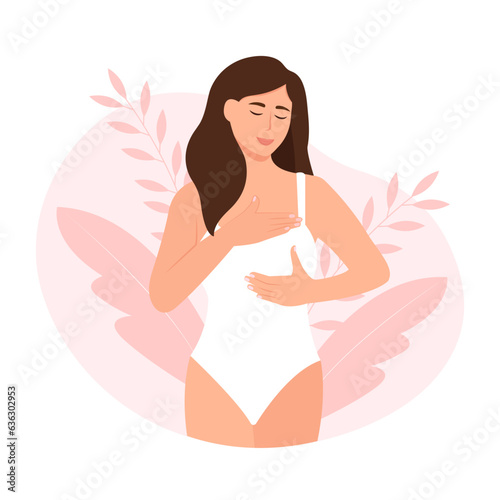 Woman checking her breast to prevent and support the cause of breast cancer. Breast self exam concept vector illustration