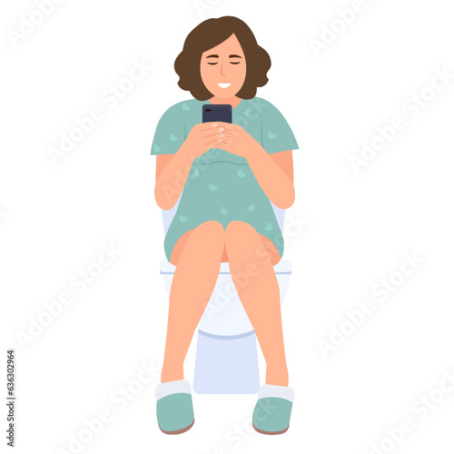 .Girl sitting on toilet bowl with smartphone in hand. Social media addiction. Stylish bathroom interior design. Vector illustration.
