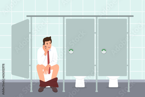 .Man sitting and uses smart gadgets  in toilet. Young businessman visits toilet and chatting with friends or surfing Internet. Public Lavatory interior. Vector illustration.