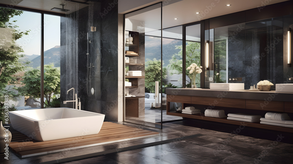 Fototapeta premium Step into a world of modern aesthetics with this mesmerizing image of a bathroom masterpiece. Floor-to-ceiling windows flood the space with natural light, emphasizing the interplay of textures and mat