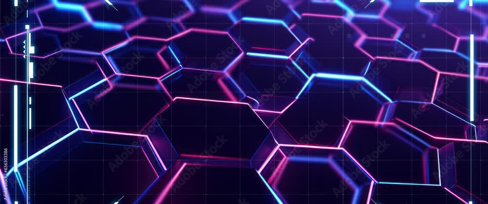 Anamorphic video hexagon grid background. Digital cyberspace abstract.