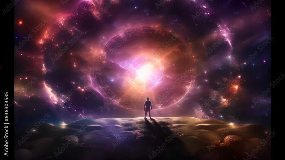 A man stands in front of a large purple sphere in space. The concept of UFOs and space. Fantasy style. Great energy. Light in the tunnel. 4K. Generative AI