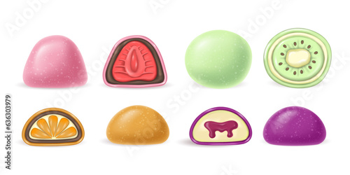3d realistic Japanese dessert Daifuku Mochi with orange, strawberry, kiwi and passion fruit jam. a whole and half a cake in rice dough. Asian national cuisine