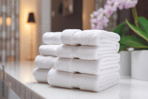 Stack of clean white towels in bathroom. Generative AI