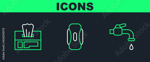 Set line Water tap, Wet wipe pack and Sanitary napkin icon. Vector